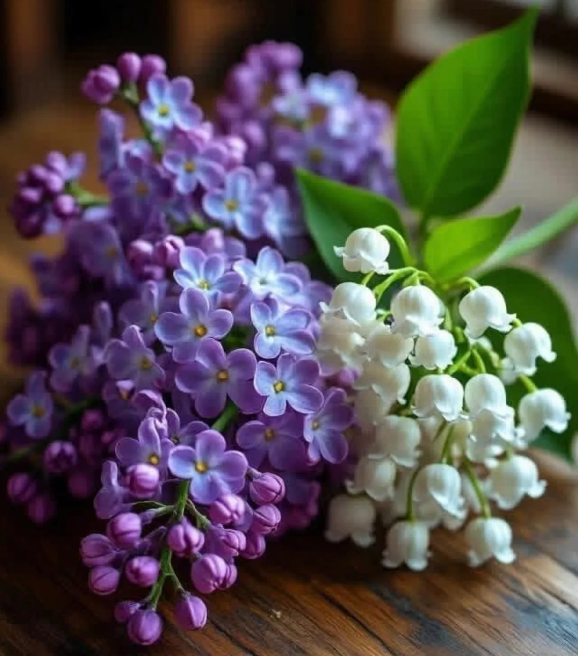Purple lilacs and white flowers arranged together